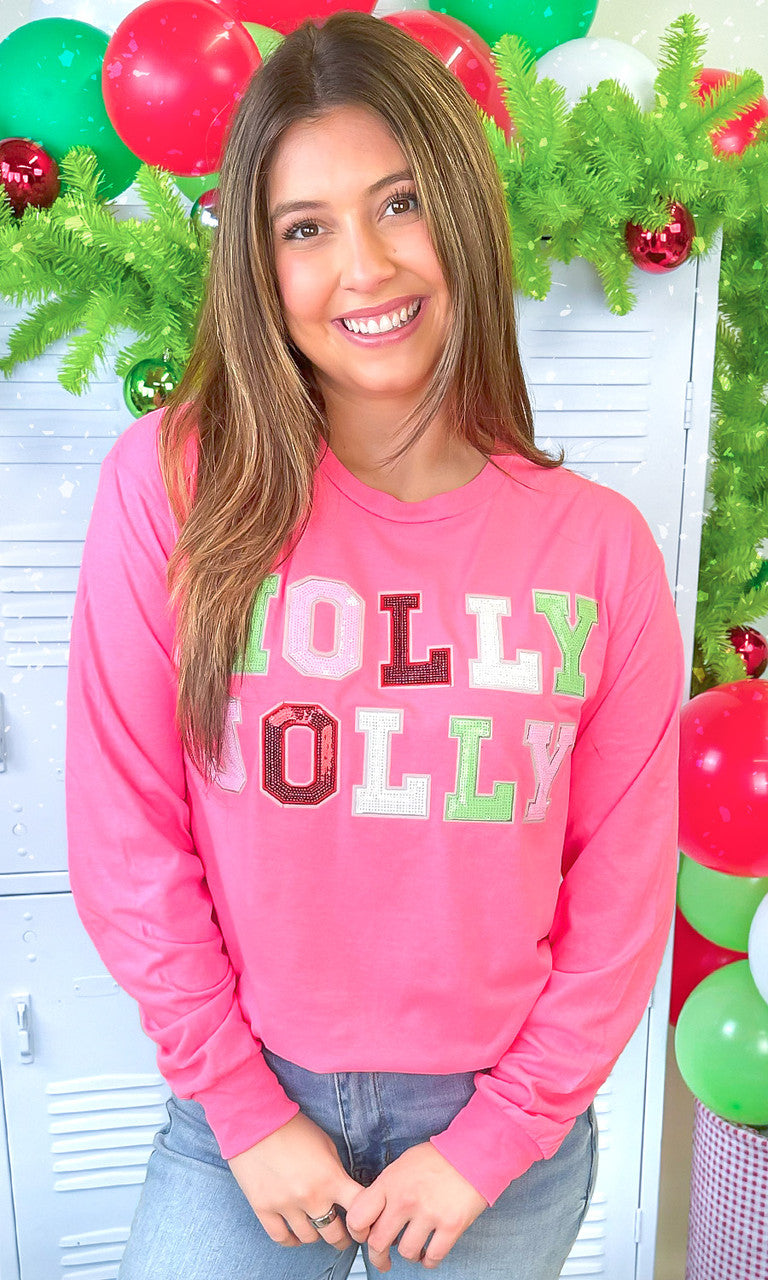 Holly Jolly Sequin Christmas Graphic Long Sleeve T-Shirt