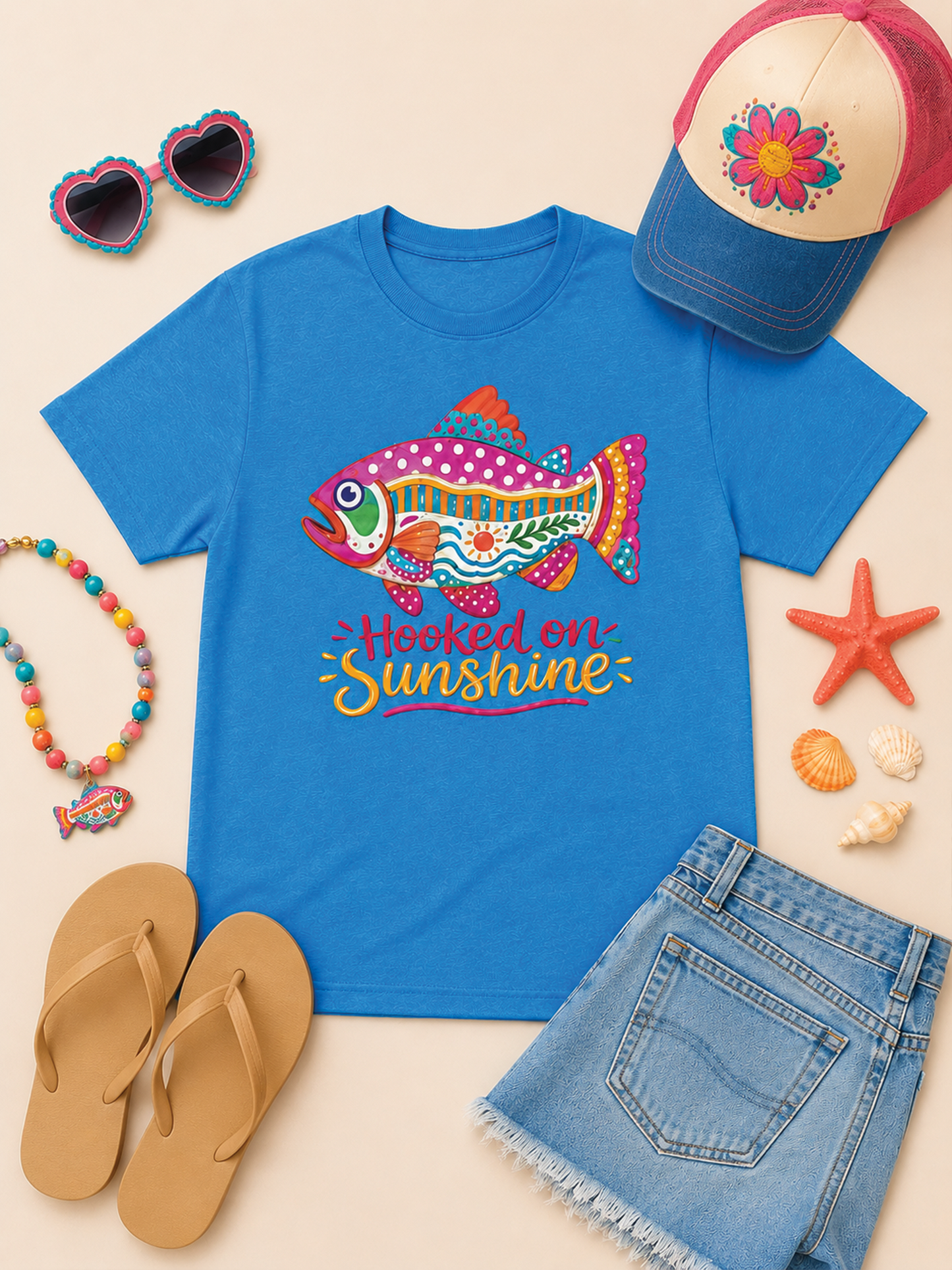 Hooked on Sunshine Pattern Fish Burnout Graphic T-Shirt
