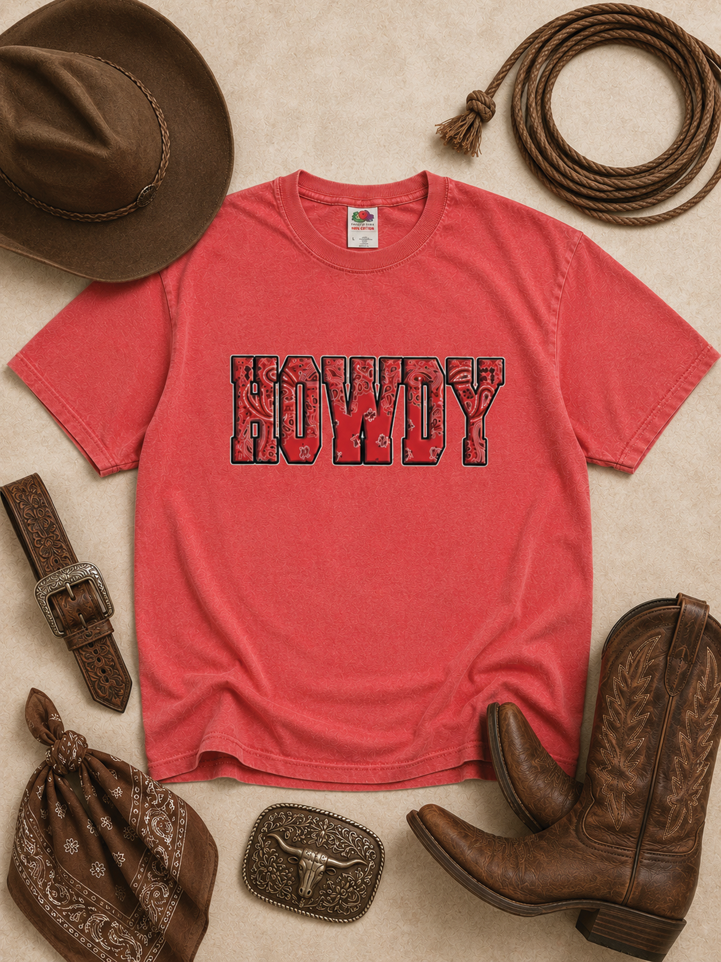 Howdy Bandana Pigment Dye Graphic Coral T-Shirt