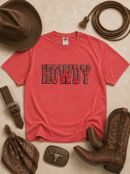 Howdy Bandana Pigment Dye Graphic Coral T-Shirt