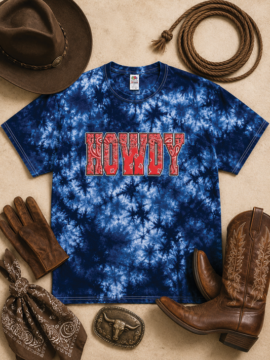 Howdy Bandana Pigment Dye Graphic Blue Tie Dye T-Shirt