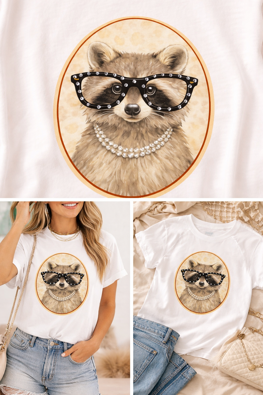 Raccoon with Rhinestone Specs Graphic Edgy Shirt
