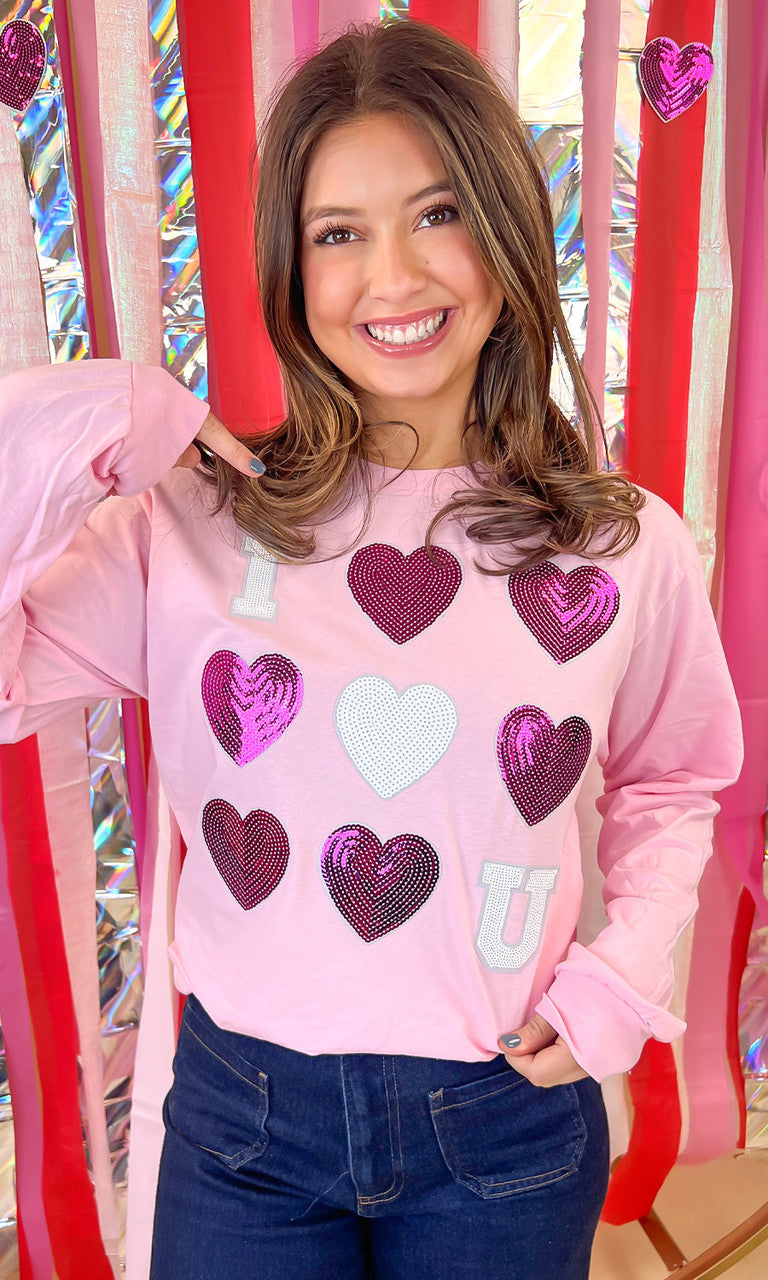 I Love You Sequin Valentine Heart Graphic Long Sleeve T-Shirt