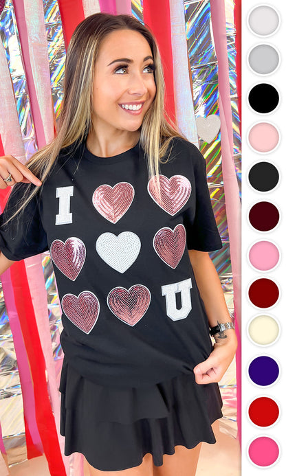 I Love You  Sequin Valentine Heart Graphic T-Shirt