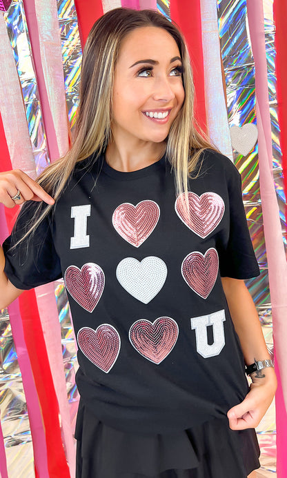 I Love You  Sequin Valentine Heart Graphic T-Shirt