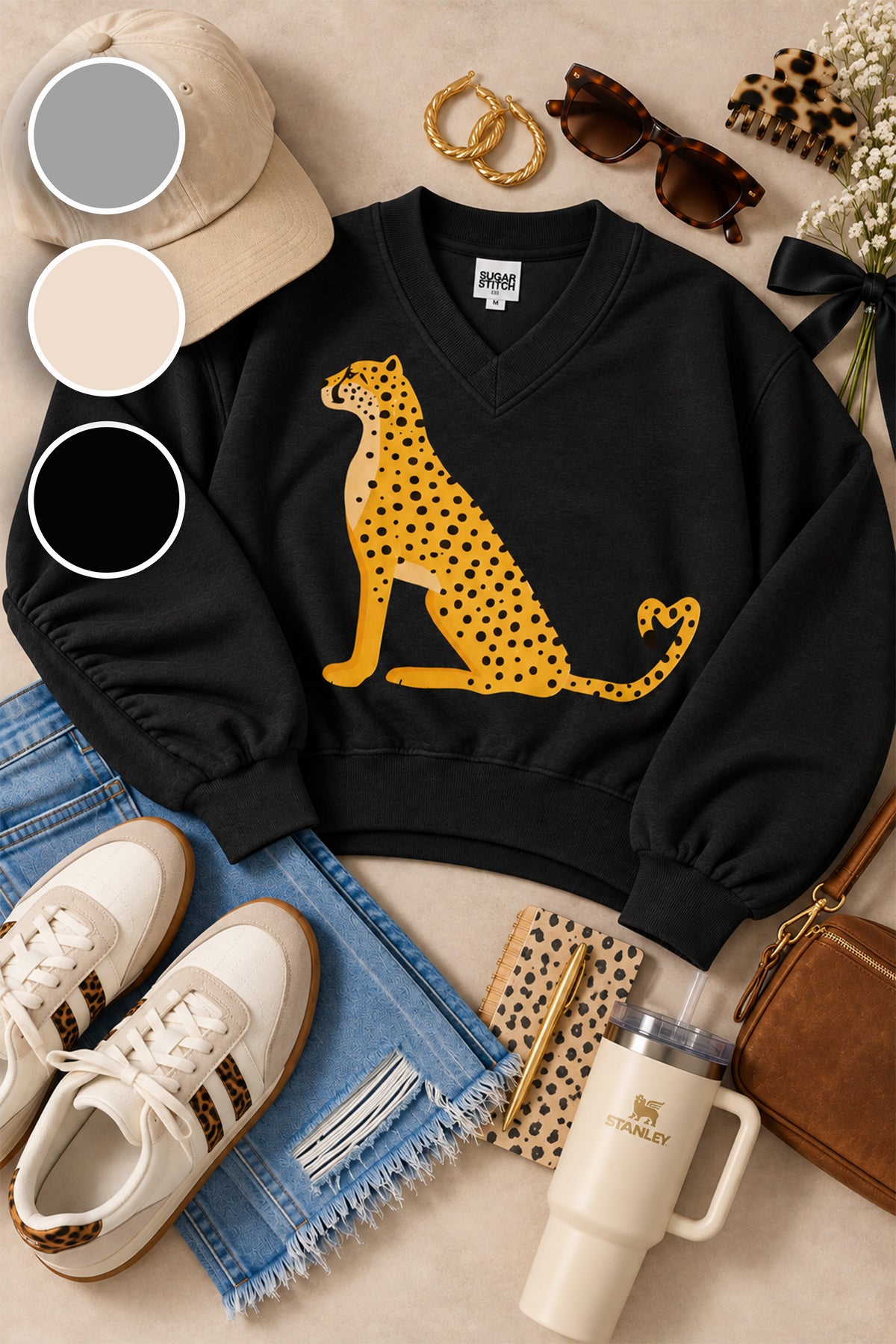 Iconic Cheetah Varsity V-Neck Graphic Shirt