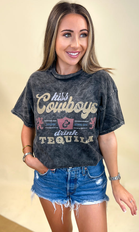 Kiss Cowboys and Drink Tequila Mineral Washed Graphic Shirt