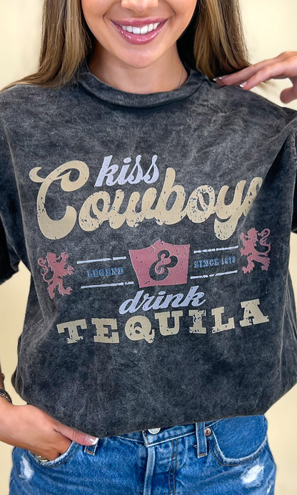 Kiss Cowboys and Drink Tequila Mineral Washed Graphic Shirt