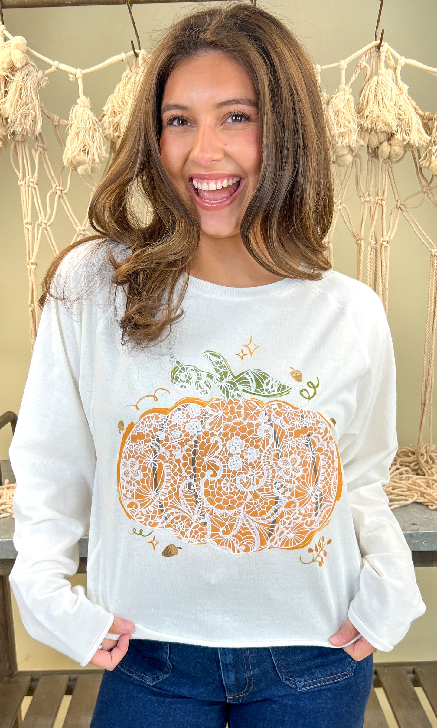 Lace Pumpkin Halloween Long Sleeve  Edgy Graphic Shirt