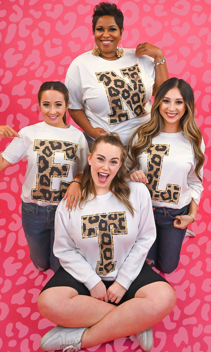 Custom Leopard Glitter Initial Graphic Boyfriend Long Sleeve
