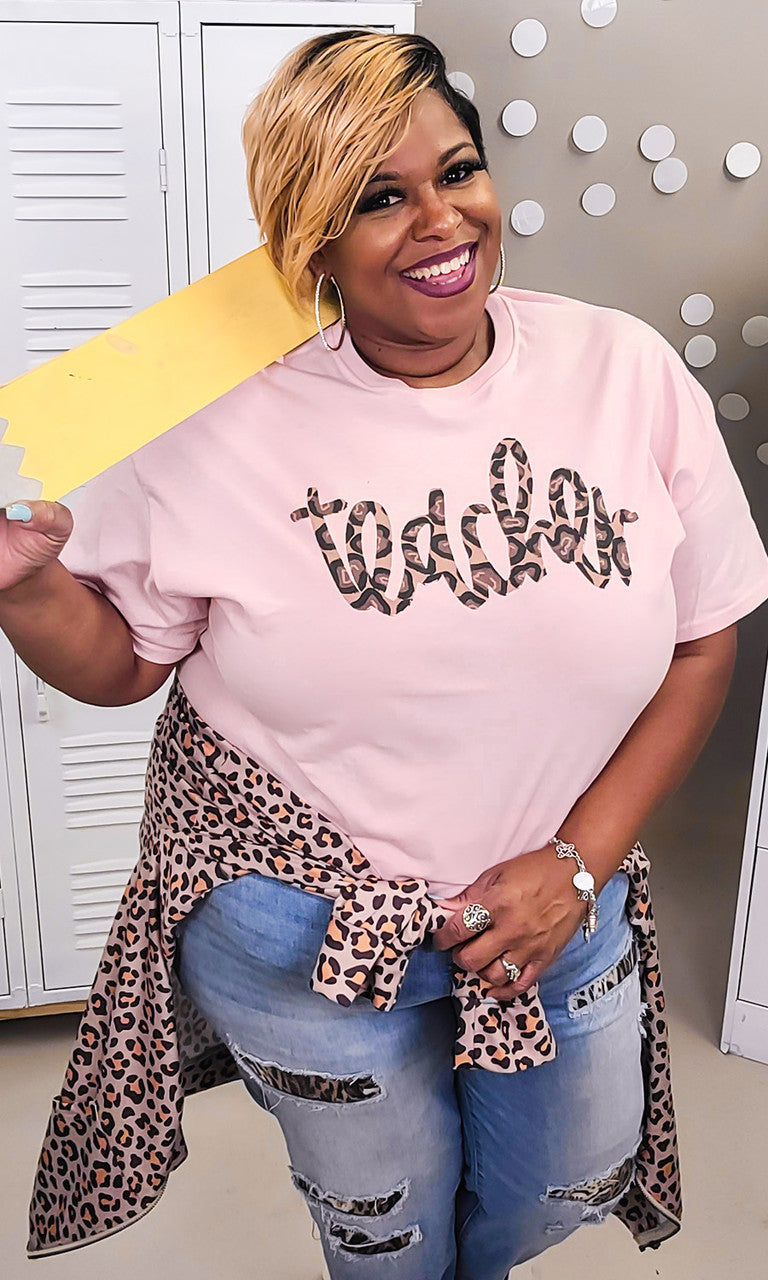 Leopard Script Teacher Graphic T-Shirt