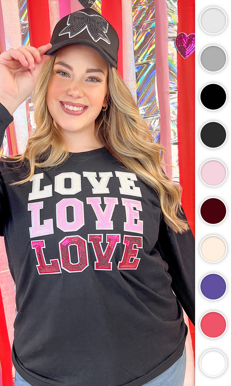 Ombre Sequin Love Valentines Graphic Long Sleeve T-Shirt