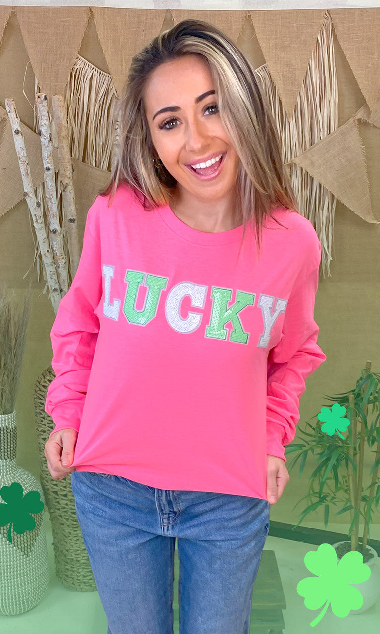 Lucky St Patricks Day Sequin Graphic Long Sleeve Shirt