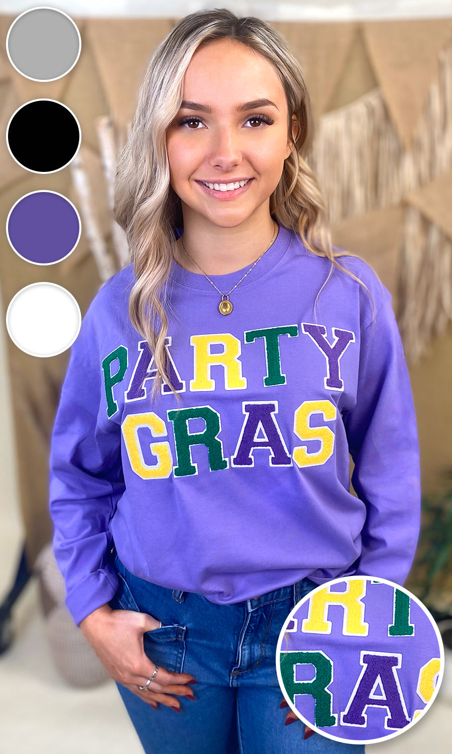 Party Gras Soft Chenille Graphic Long Sleeve T-Shirt