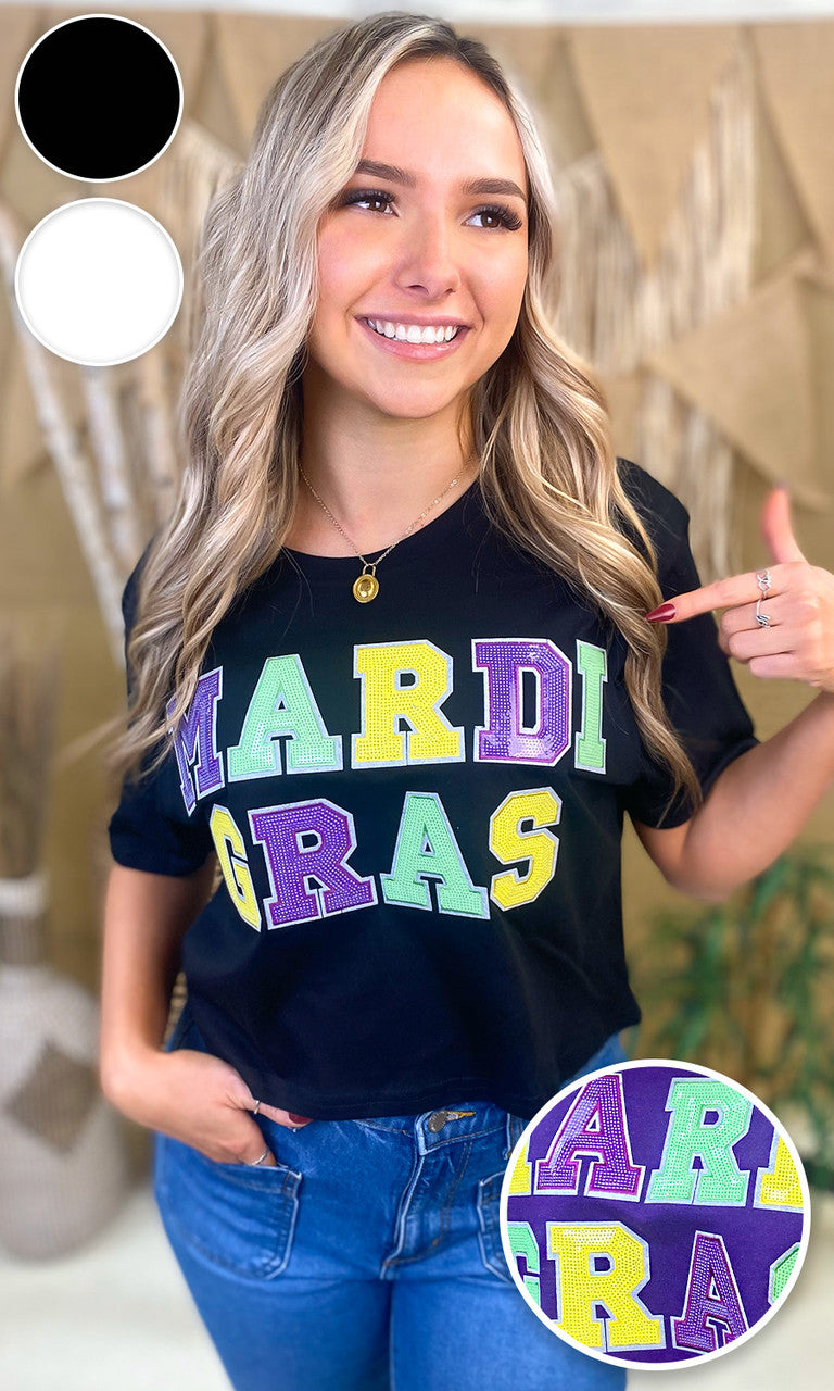 Mardi Gras Sequin Graphic Crop Top T-Shirt