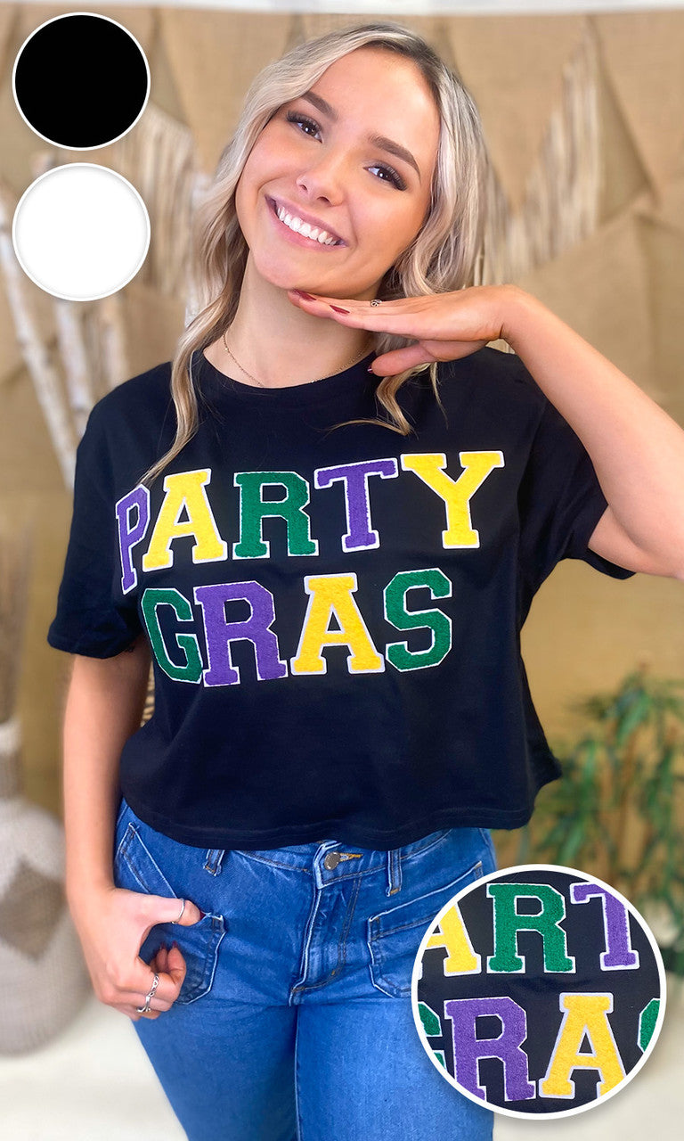 Party Gras Soft Chenille Graphic Crop Top T-Shirt