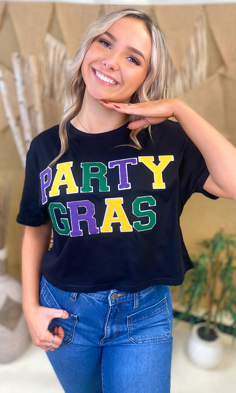 Party Gras Soft Chenille Graphic Crop Top T-Shirt