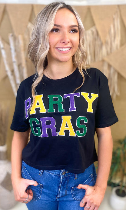 Party Gras Soft Chenille Graphic Crop Top T-Shirt