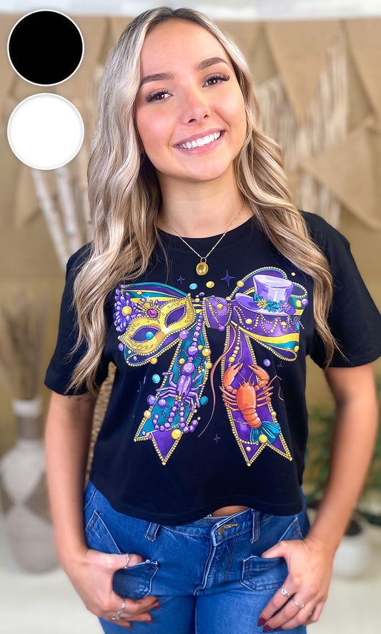 Mardi Gras Bow Graphic Crop Top T-Shirt