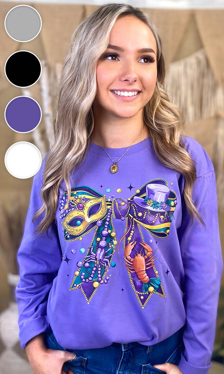 Mardi Gras Bow Graphic Long Sleeve T-Shirt