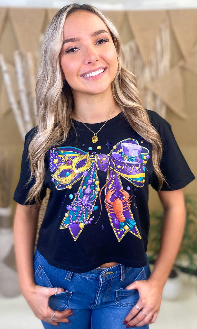 Mardi Gras Bow Graphic Crop Top T-Shirt