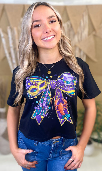 Mardi Gras Bow Graphic Crop Top T-Shirt