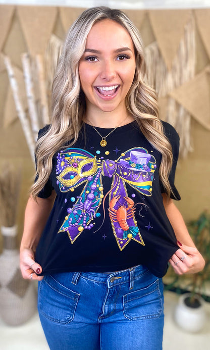 Mardi Gras Bow Graphic Crop Top T-Shirt