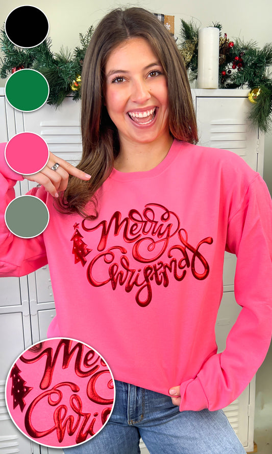 Merry Christmas Metallic Puff Graphic Sweatshirt