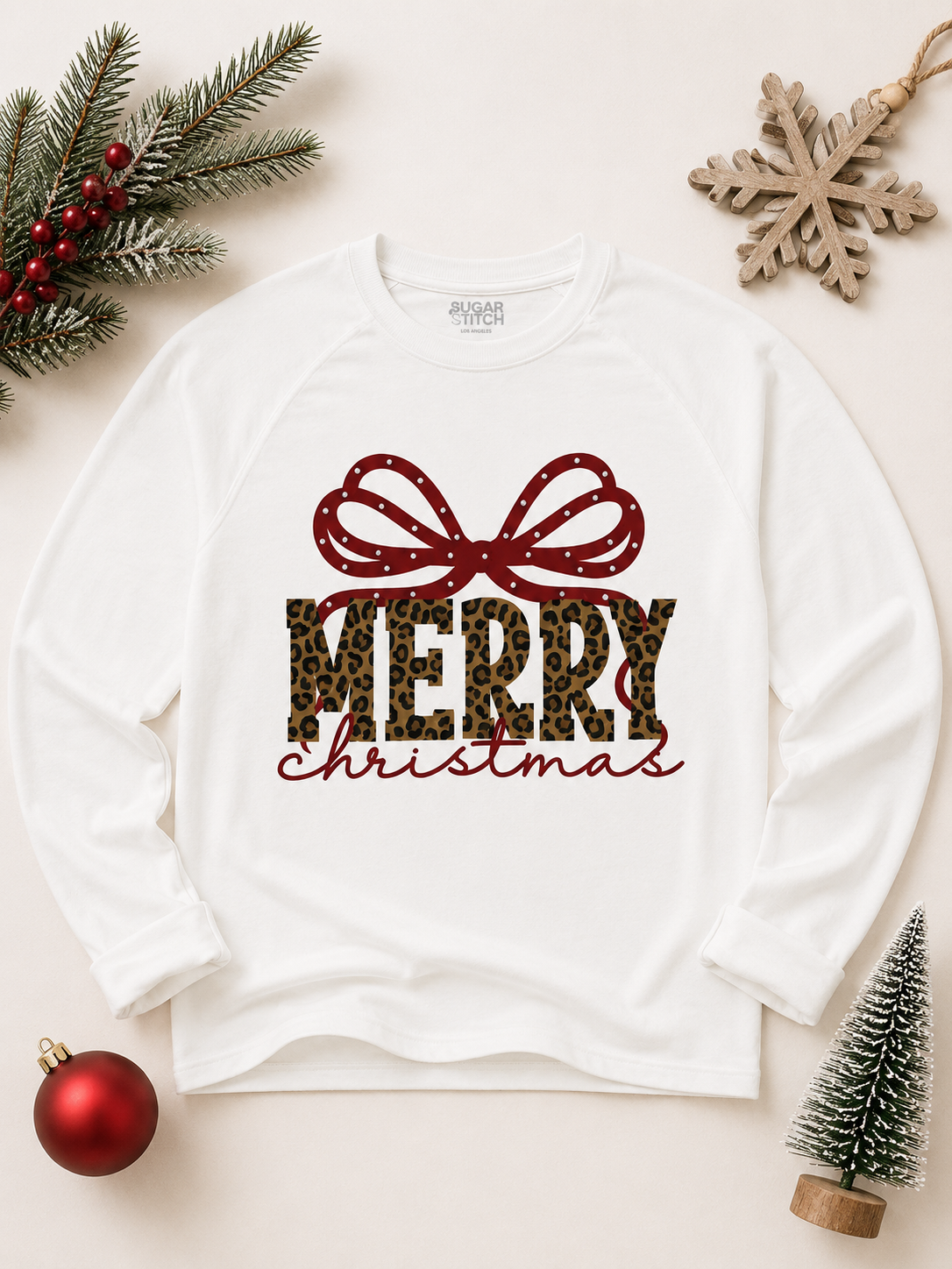Mery Christmas Rhinestone Bow Graphic Edgy Long Sleeve Shirt