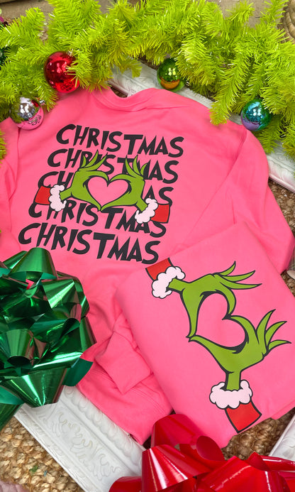 Merry Christmas Green Heart Hand Graphic Sweatshirt