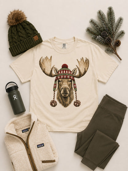 Moose Winter Hat Graphic Comfort Color T-Shirt