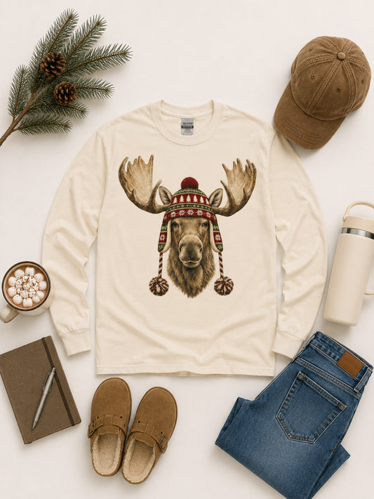 Moose Winter Hat Graphic Long Sleeve T-Shirt