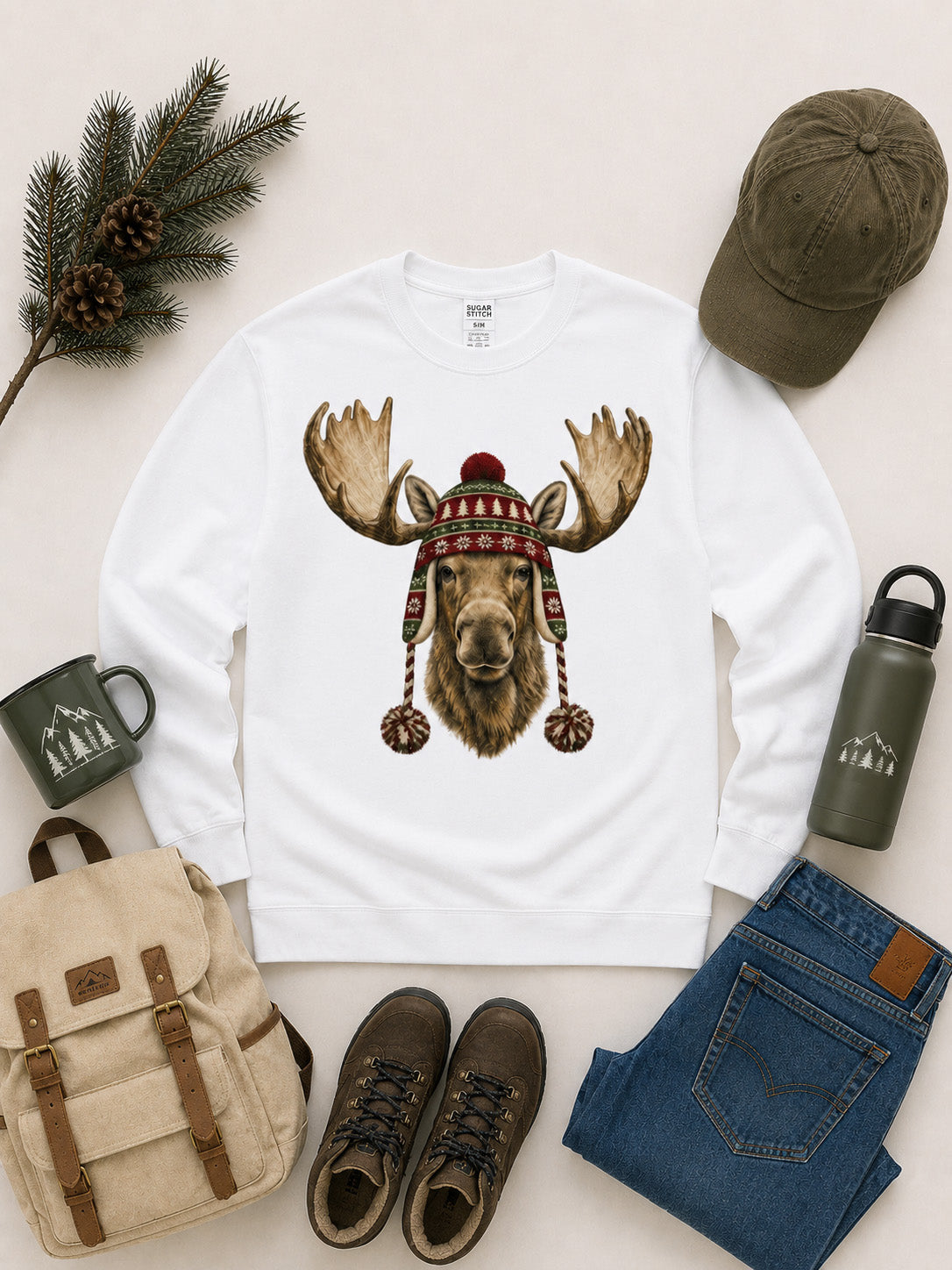 Moose Winter Hat Graphic Long Sleeve Edgy Shirt
