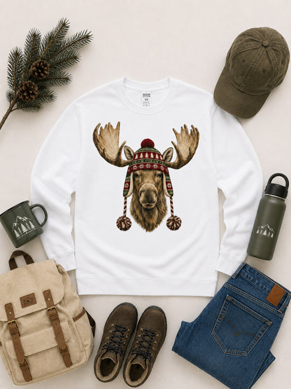 Moose Winter Hat Graphic Long Sleeve Edgy Shirt
