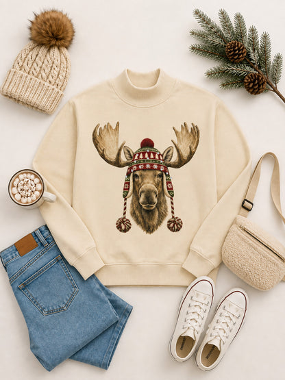 Moose Winter Hat Graphic Mock Neck Sweatshirt