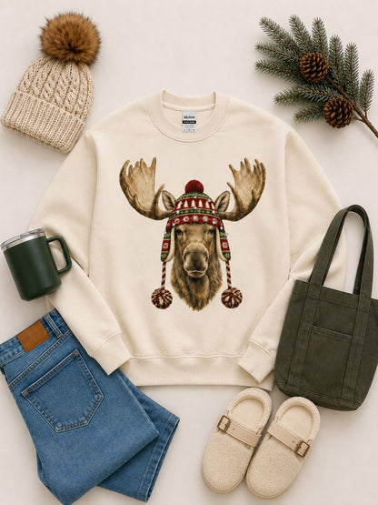 Moose Winter Hat Graphic Sweatshirt