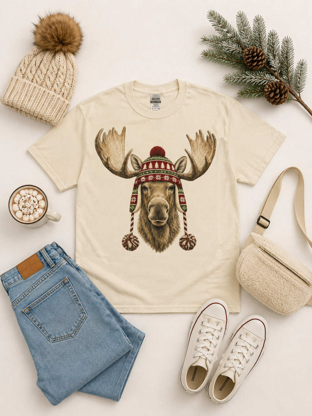Moose Winter Hat Graphic T-Shirt