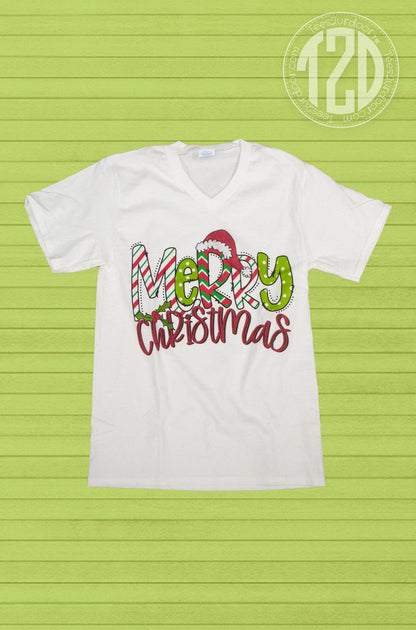 Multipattern Merry Christmas V-Neck Shirt