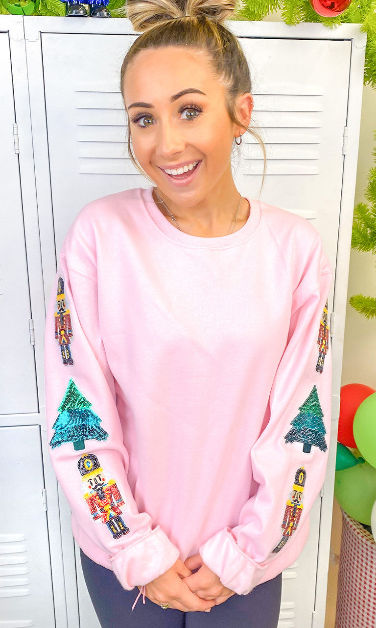 Nutcracker and Christmas Tree Sparkle Sleeve Graphic Sweatshirt