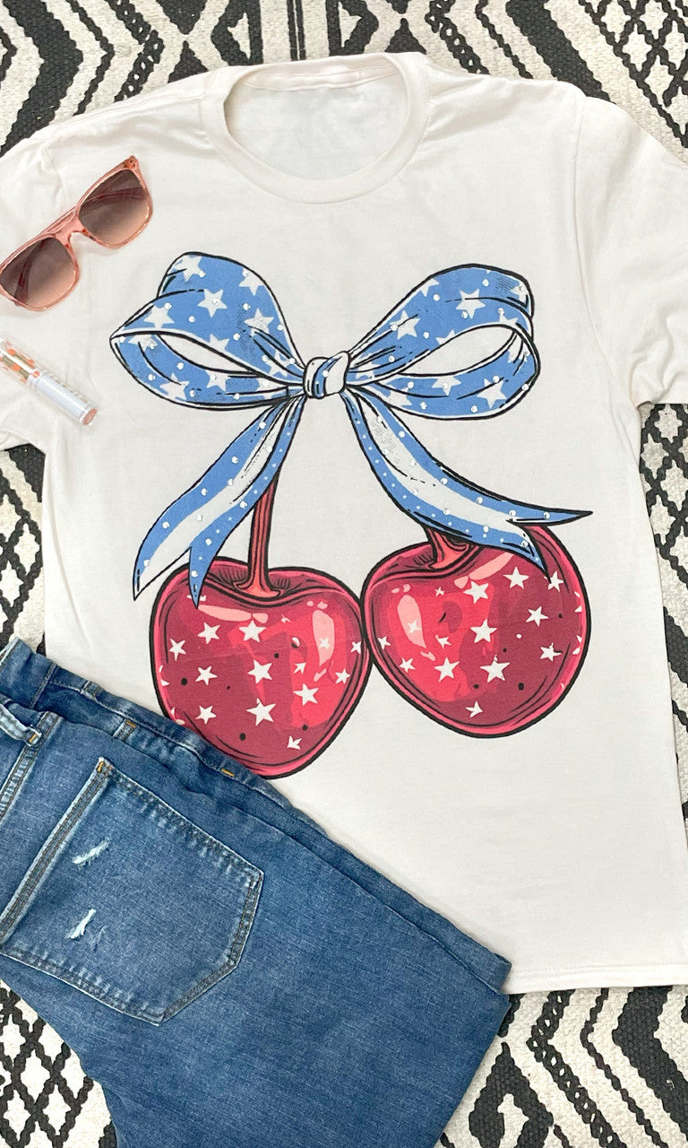Cherry Bow Patriotic Rhinestone Graphic T-Shirt Natural