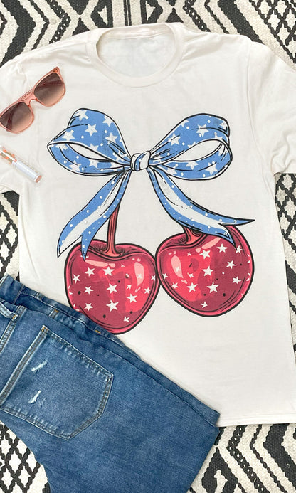 Cherry Bow Patriotic Rhinestone Graphic T-Shirt Natural