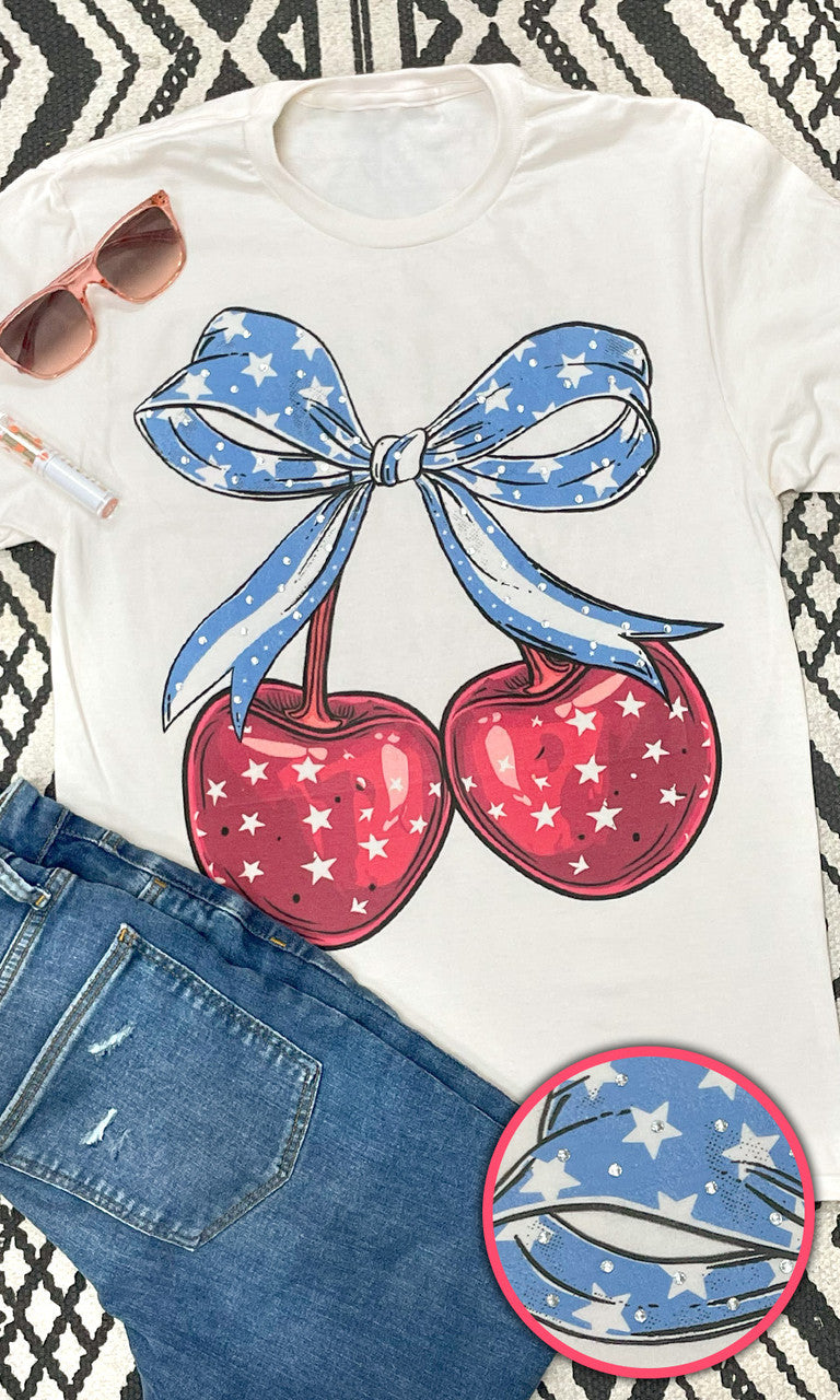 Cherry Bow Patriotic Rhinestone Graphic T-Shirt Natural