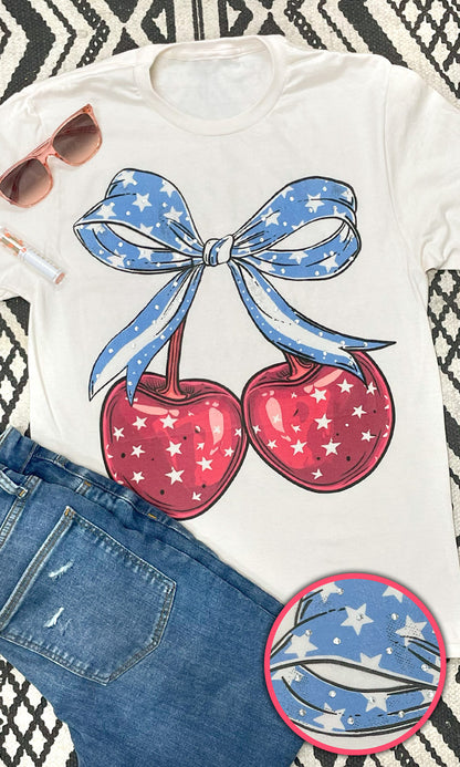 Cherry Bow Patriotic Rhinestone Graphic T-Shirt Natural