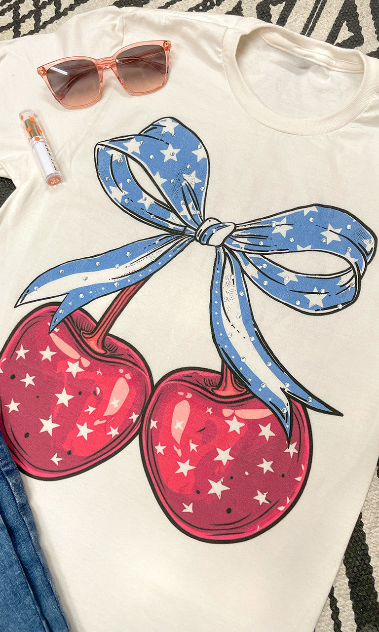 Cherry Bow Patriotic Rhinestone Graphic T-Shirt Natural