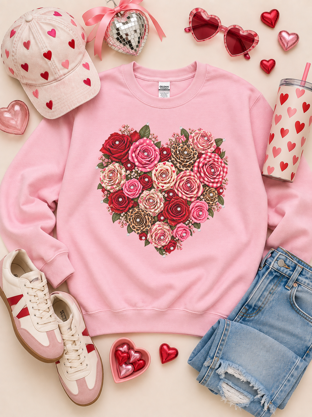 Pattern Rhinestone Heart Valentine's Day Graphic Sweatshirt