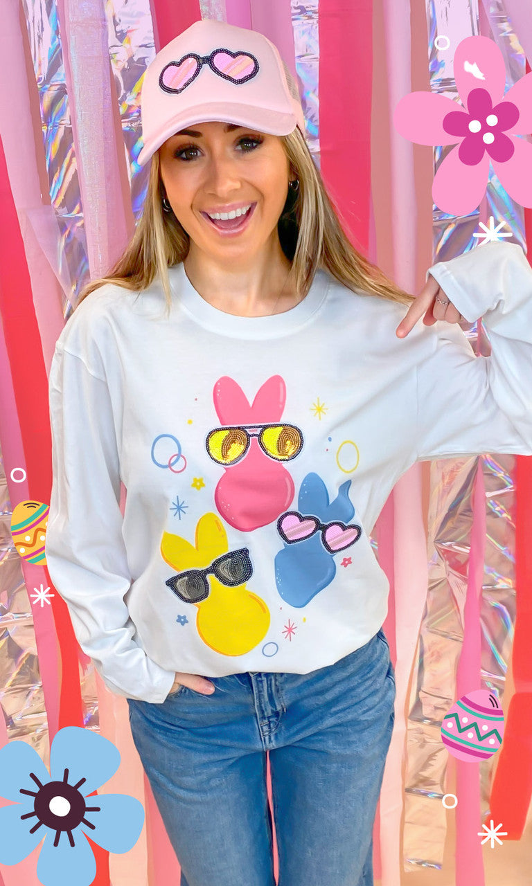 Peeps with Sequin Sunglasses Easter Graphic Long Sleeve T-Shirt