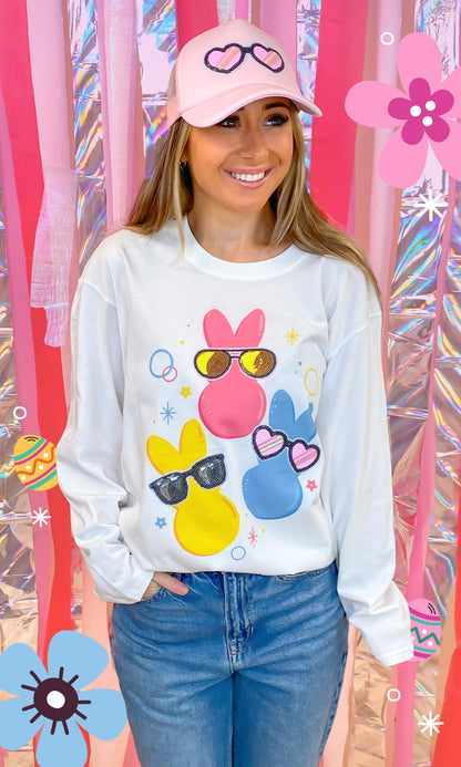 Peeps with Sequin Sunglasses Easter Graphic Long Sleeve T-Shirt