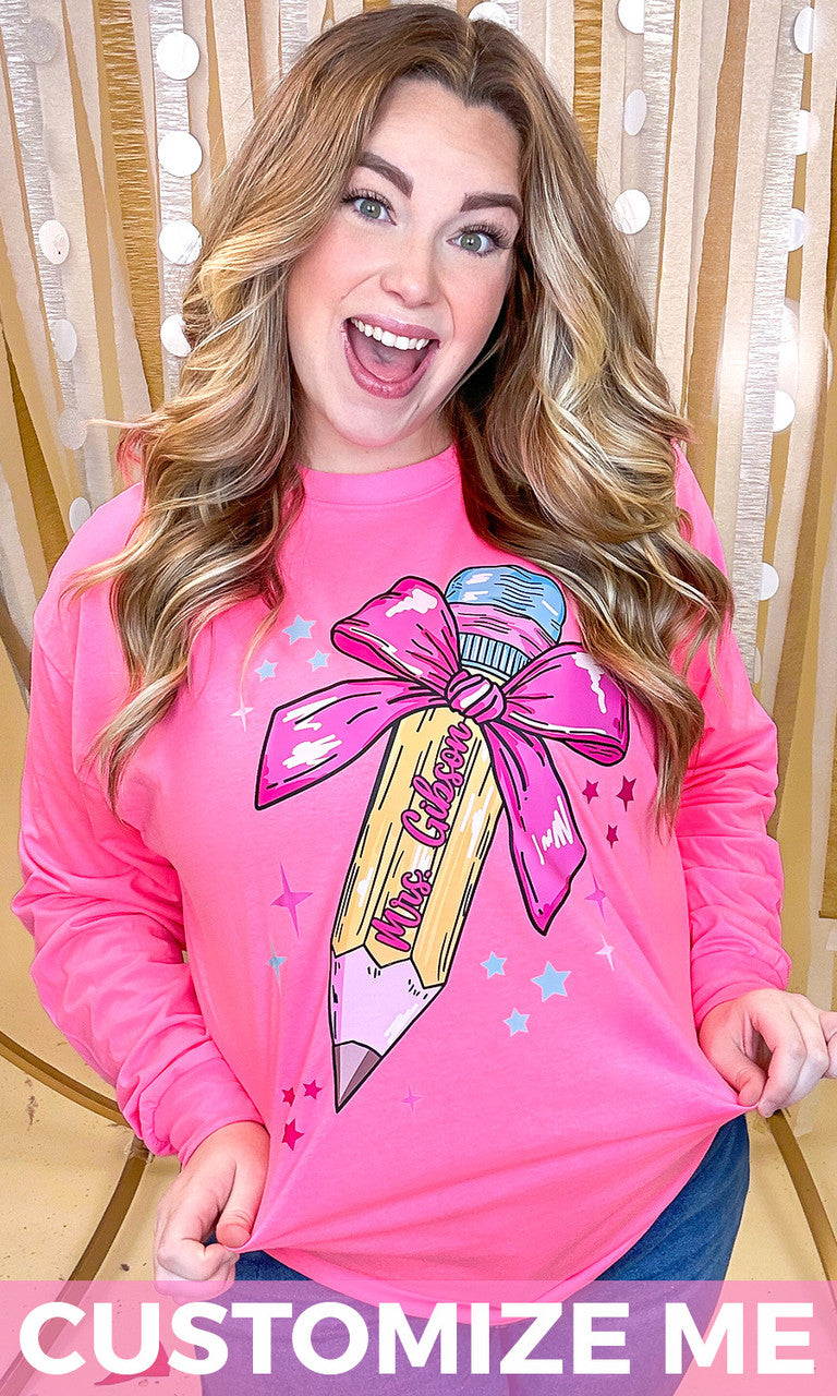 Personalized Pencil Bow Long Sleeve Graphic T-Shirt