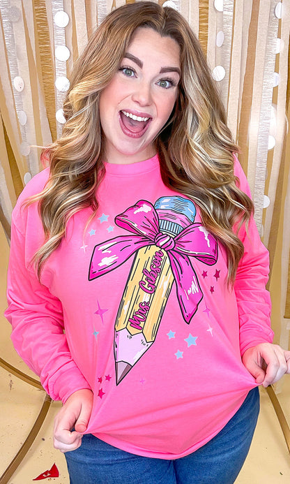 Personalized Pencil Bow Long Sleeve Graphic T-Shirt
