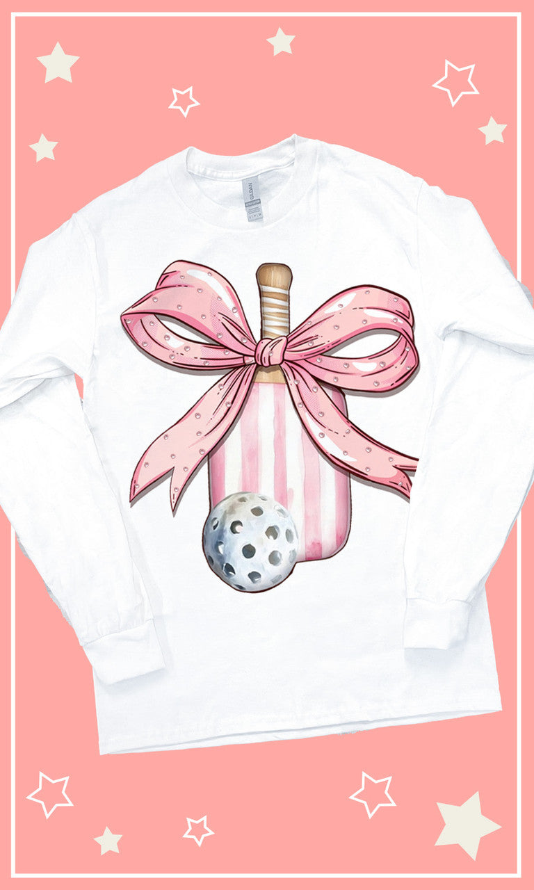 Pickleball Pink Bow Rhinestone Graphic Long Sleeve T-Shirt